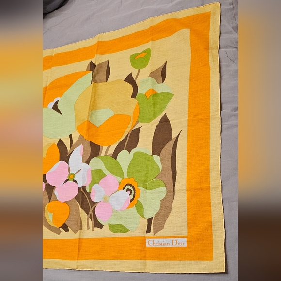 Vintage Christian Dior Floral Linen Scarf 29.5” Square - Picture 3 of 10